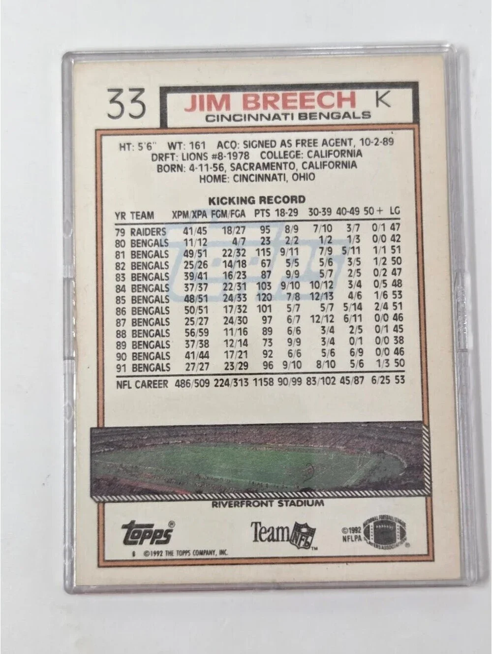 1992 Topps Jim Breech Bengals Signed Football Card Kicker NFL Vintage
